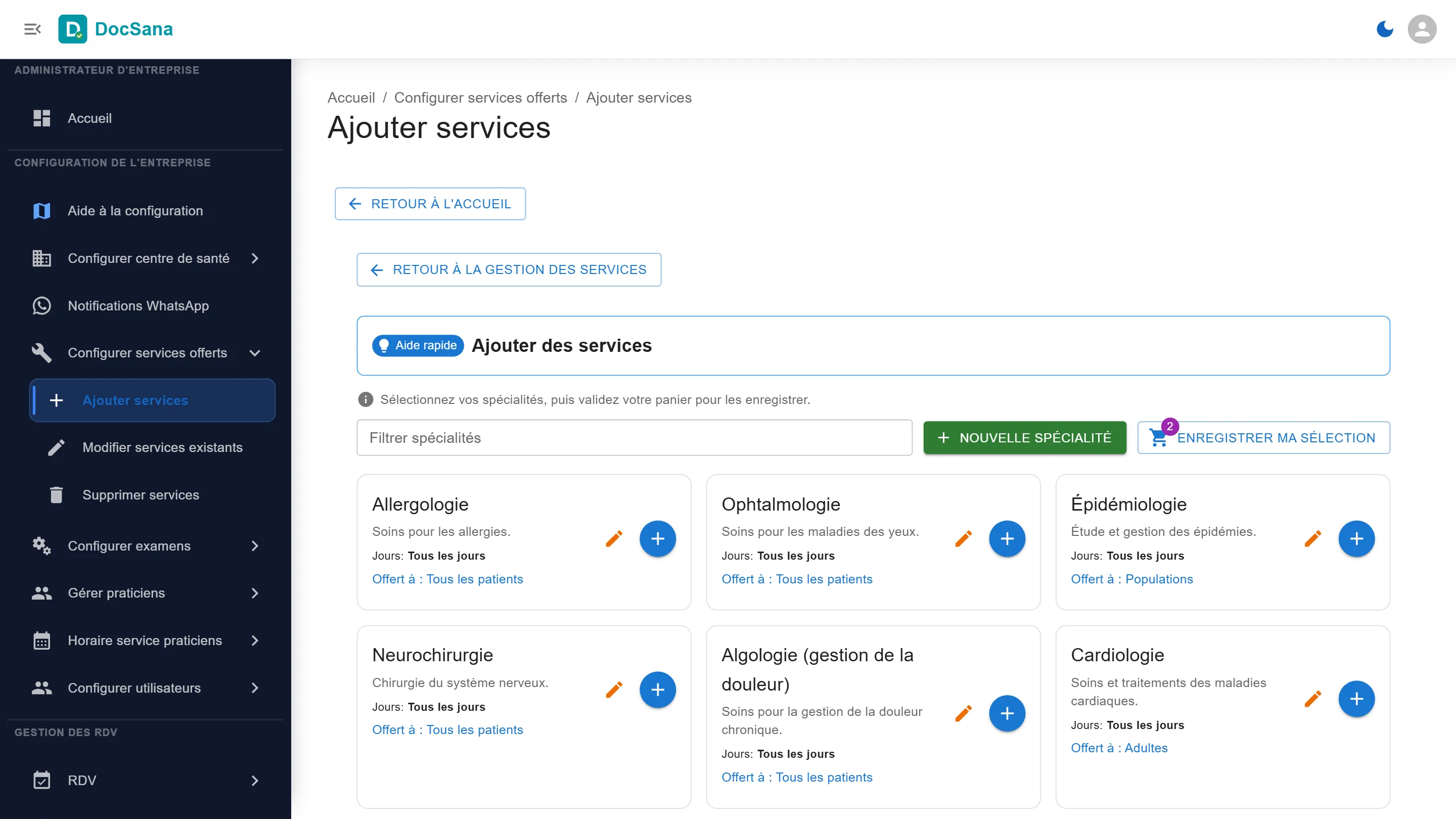 Page Ajouter services : le catalogue des spécialités, avec le filtre, Nouvelle spécialité et Enregistrer ma sélection
