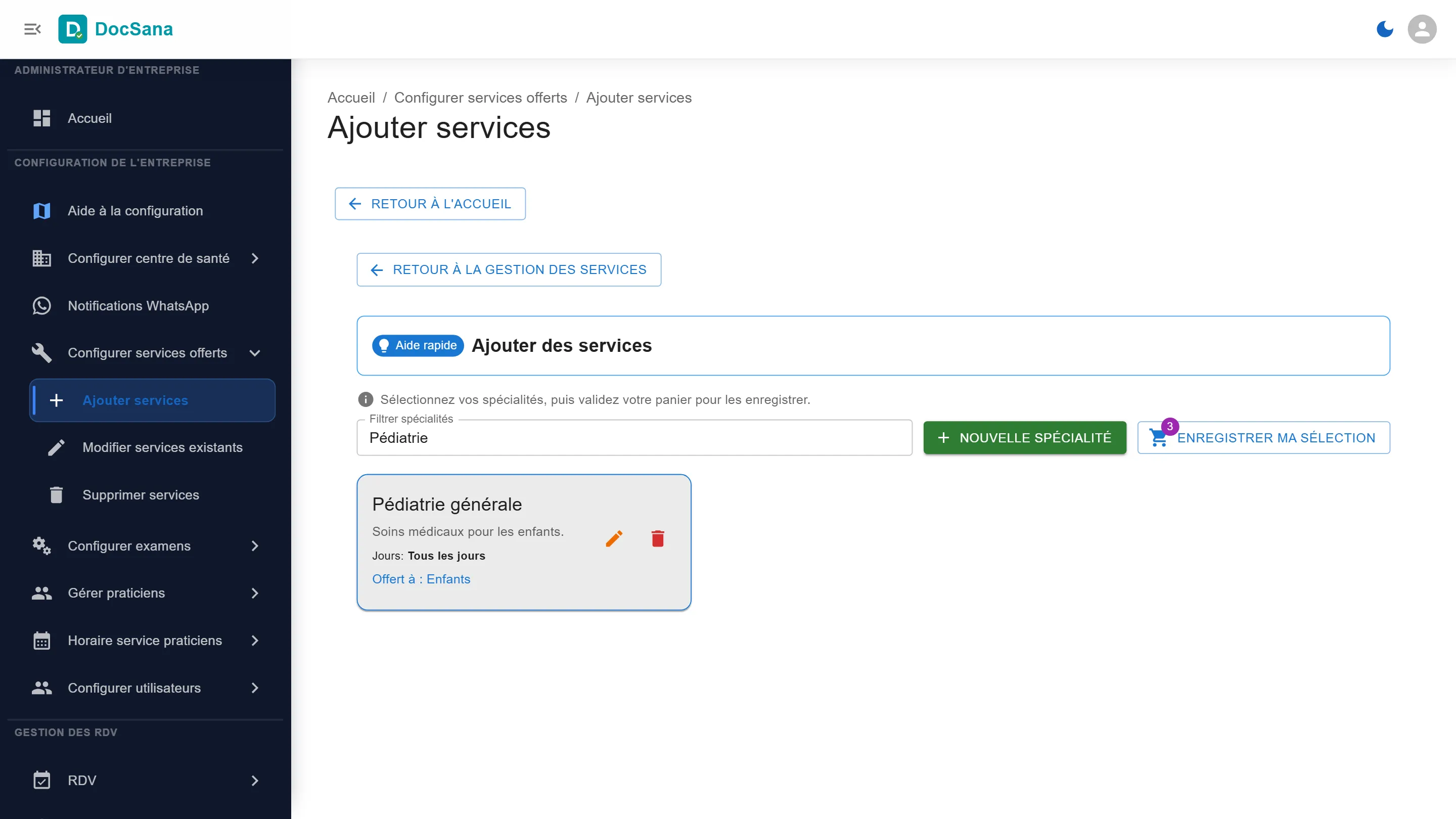 Pédiatrie générale ajoutée : le bouton + devient une corbeille et le panier passe à 3