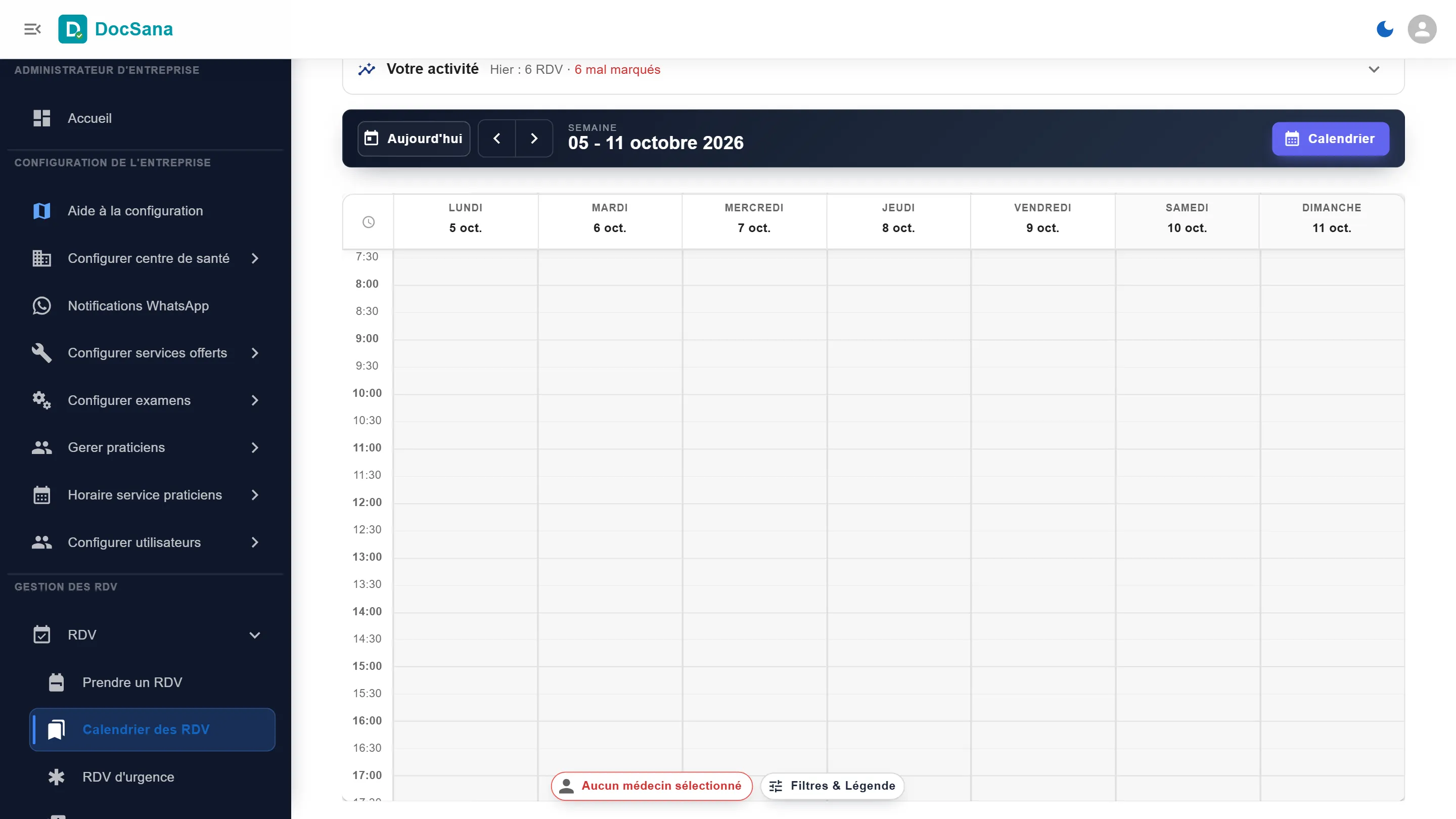 Calendrier de la semaine précédente, du 5 au 11 octobre 2026, sans rendez-vous