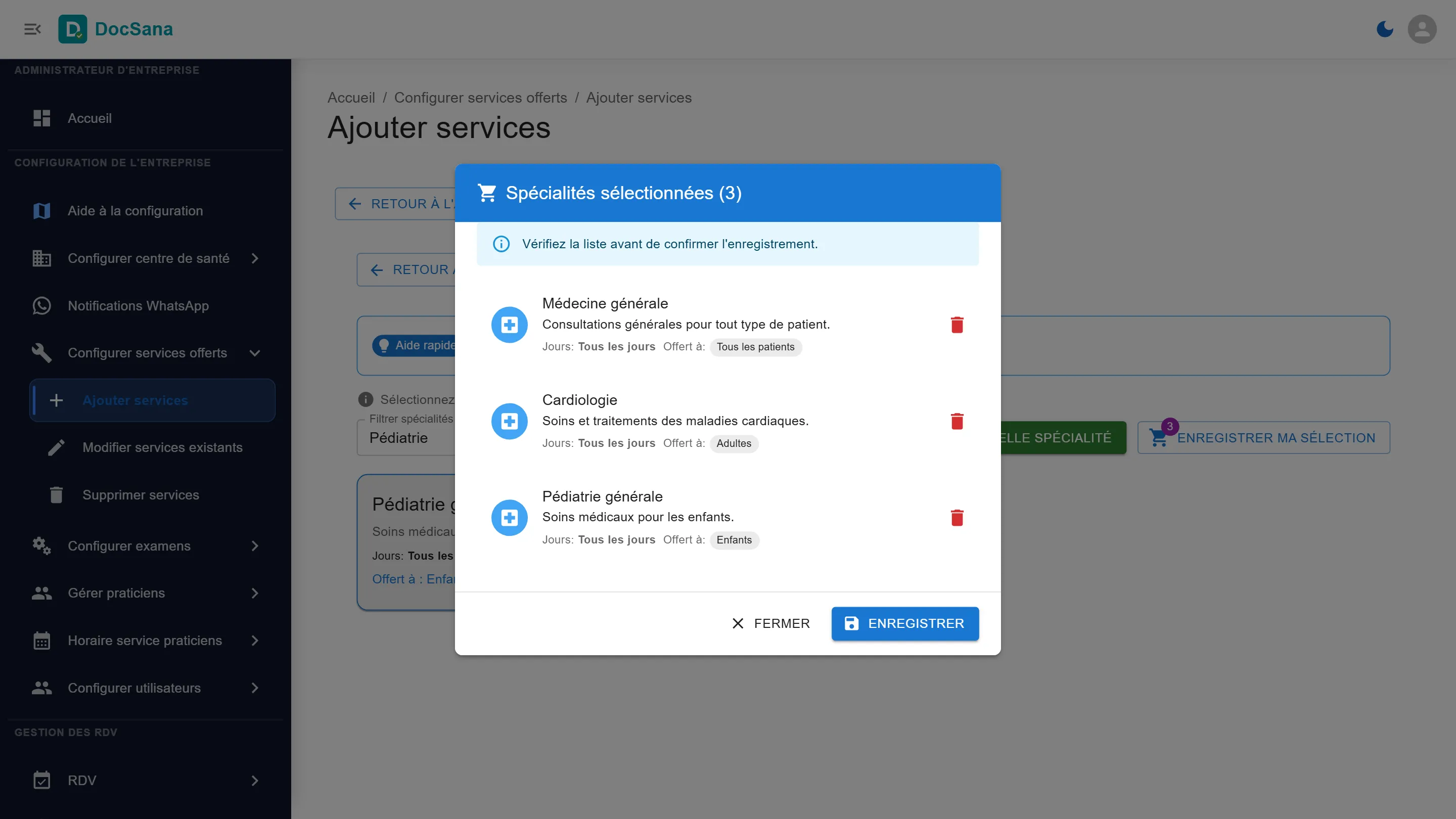 Fenêtre Spécialités sélectionnées (3) : Médecine générale, Cardiologie et Pédiatrie générale, avec le bouton Enregistrer