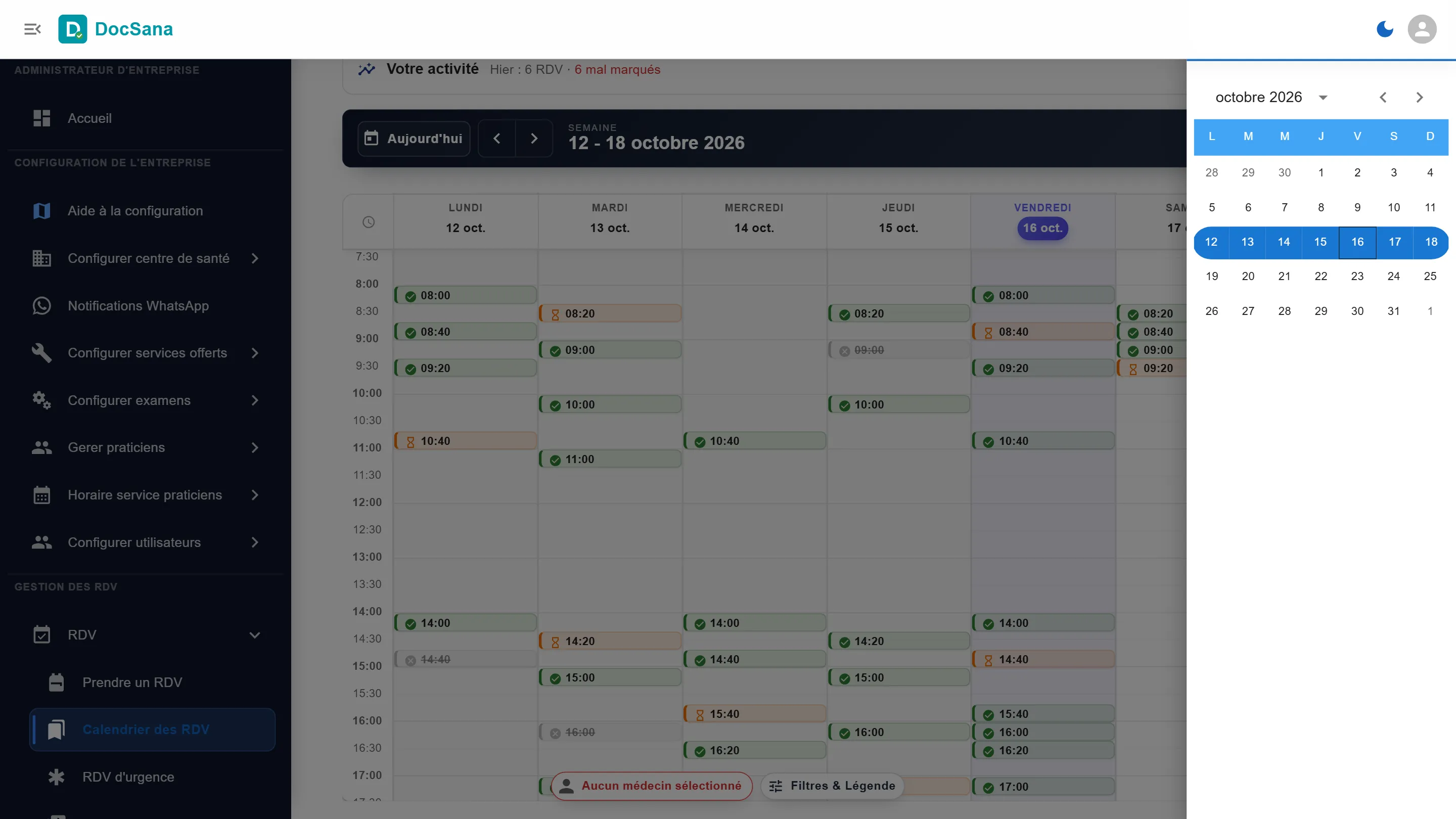 Le bouton Calendrier ouvre le mois d’octobre 2026 ; la semaine du 12 au 18 octobre est surlignée