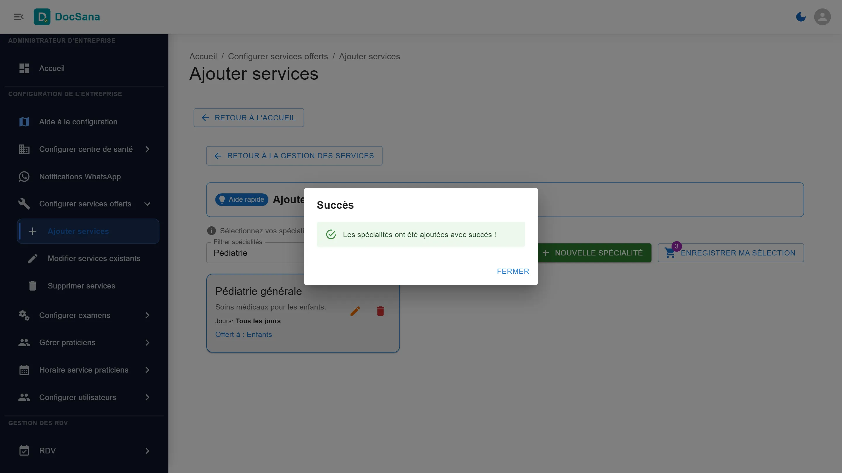Message de succès : les spécialités ont été ajoutées