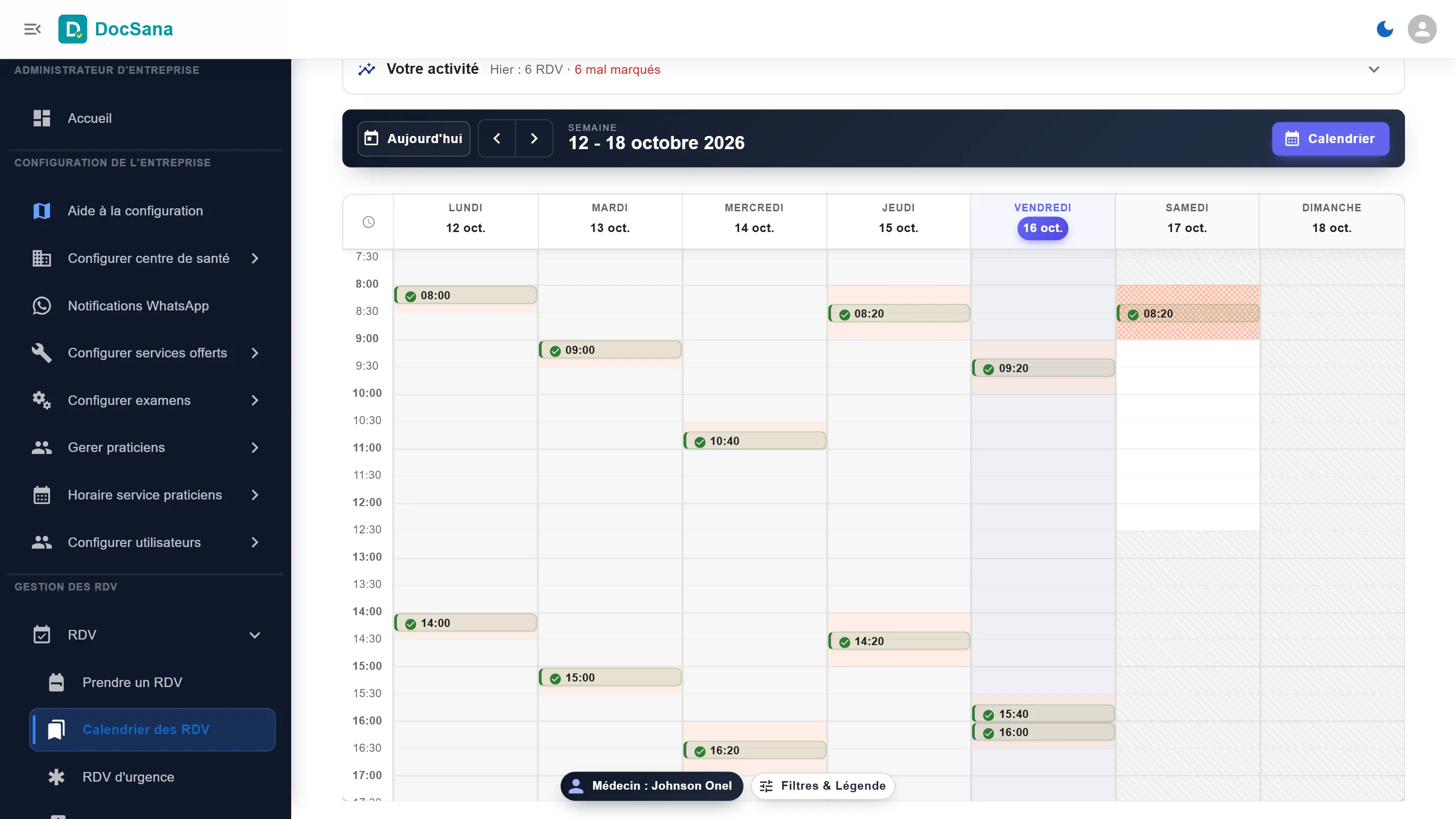 Calendrier filtré sur le médecin Johnson Onel : ses heures hors service sont hachurées