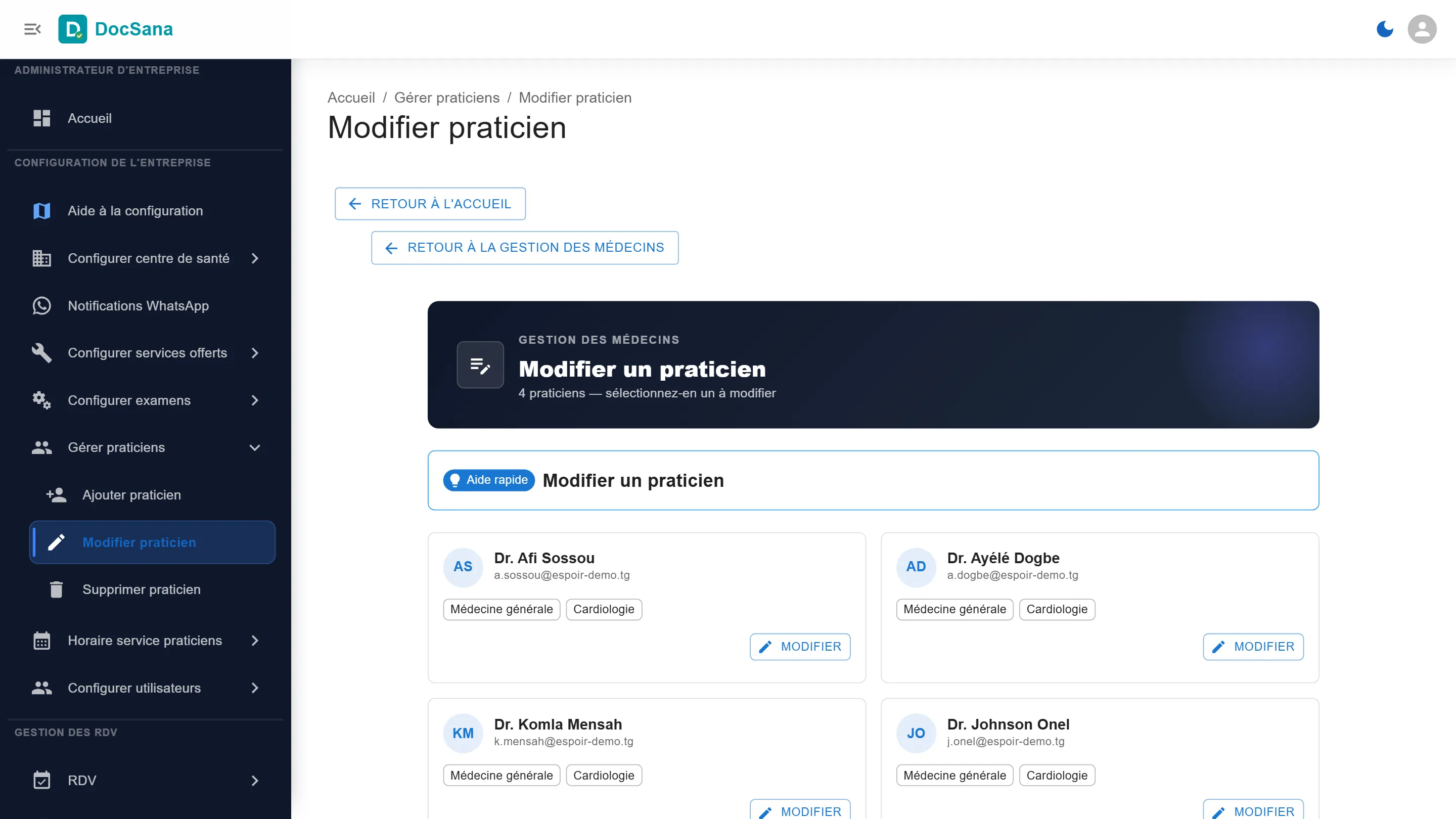Page Modifier praticien : les cartes des quatre praticiens, chacune avec son bouton Modifier