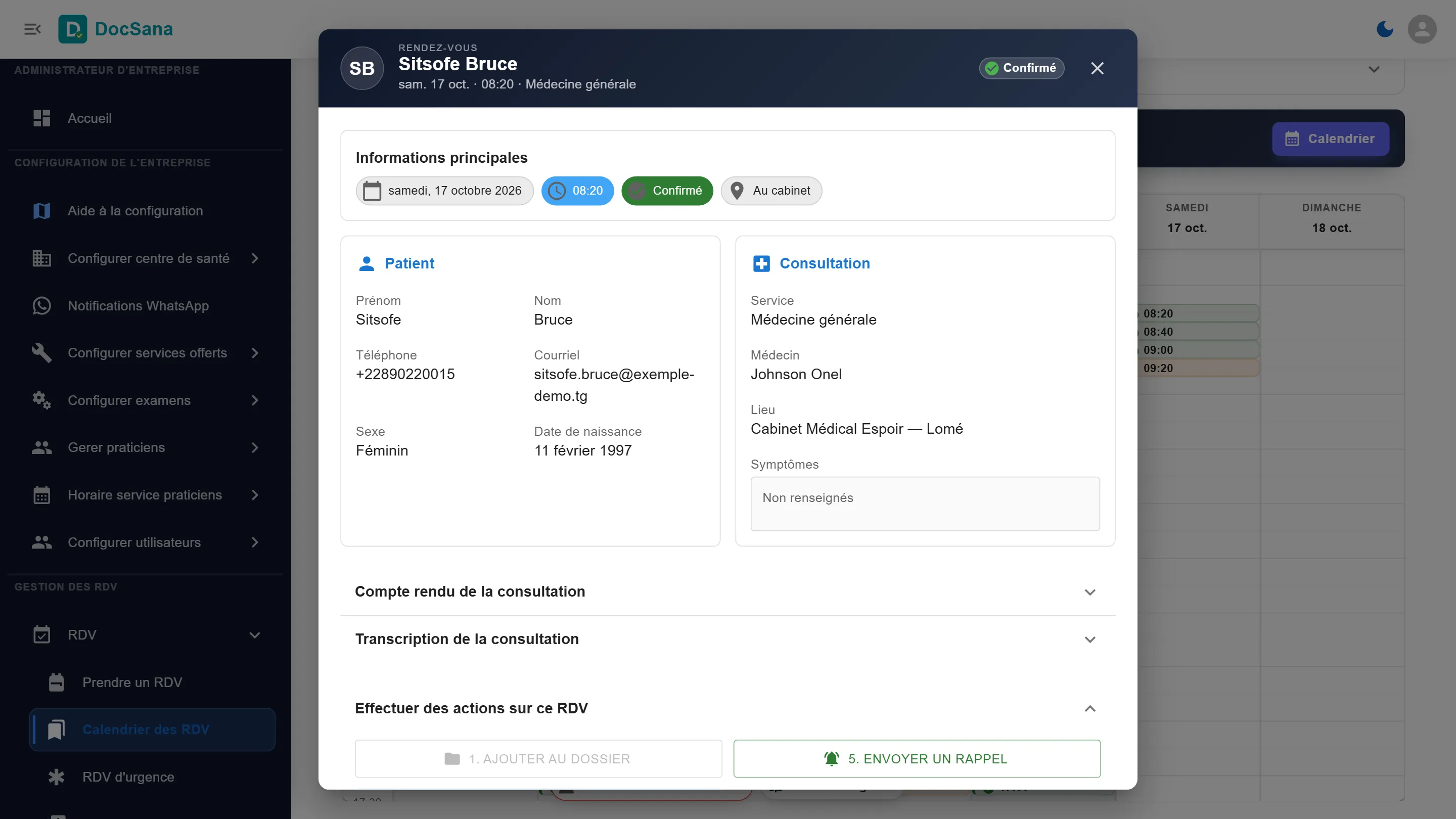 Détail du rendez-vous de Sitsofe Bruce, samedi 17 octobre à 8 h 20, confirmé : les informations du patient et de la consultation en médecine générale avec Johnson Onel