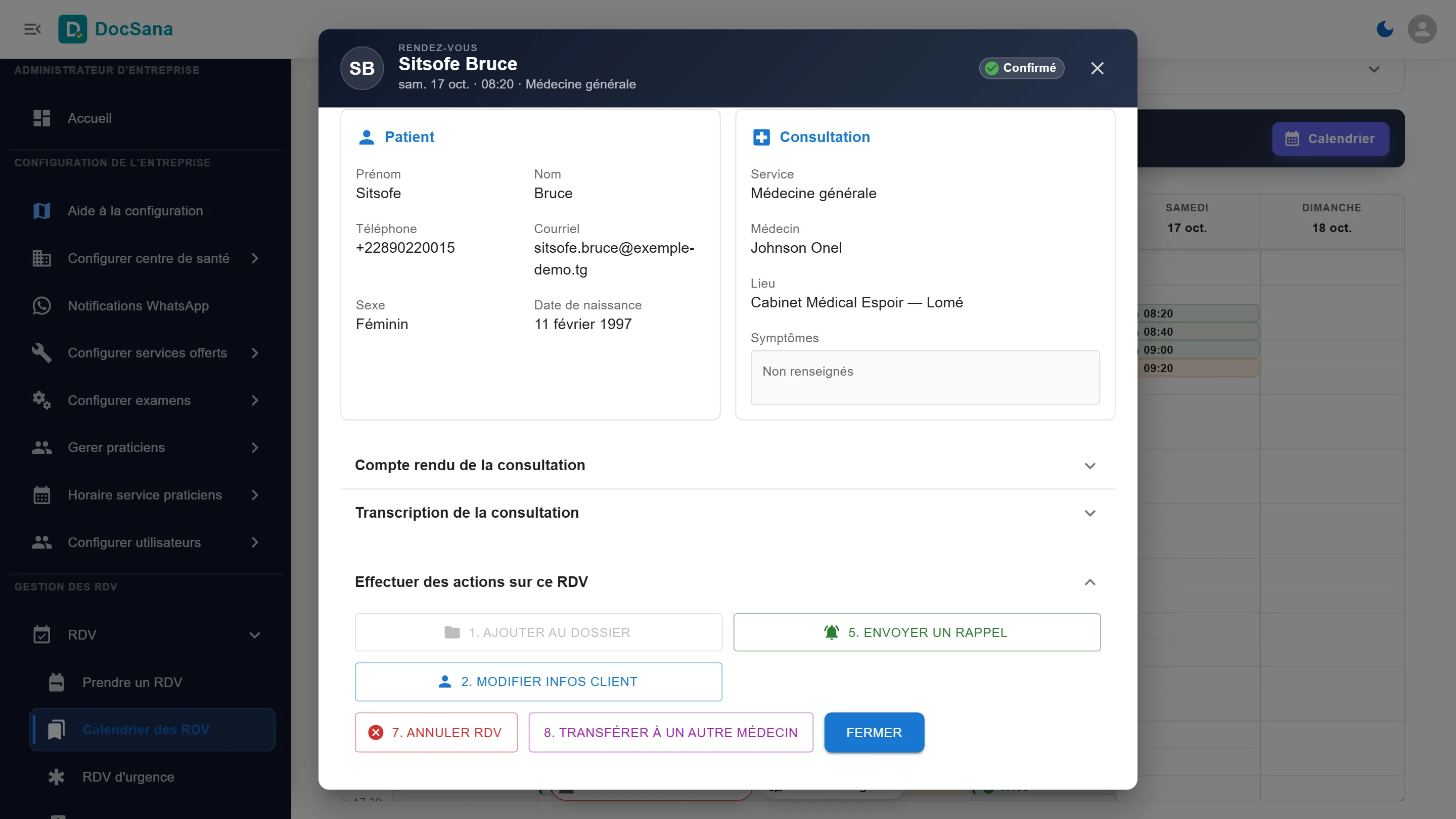 Actions sur le rendez-vous : Envoyer un rappel, Modifier infos client, Annuler RDV et Transférer à un autre médecin