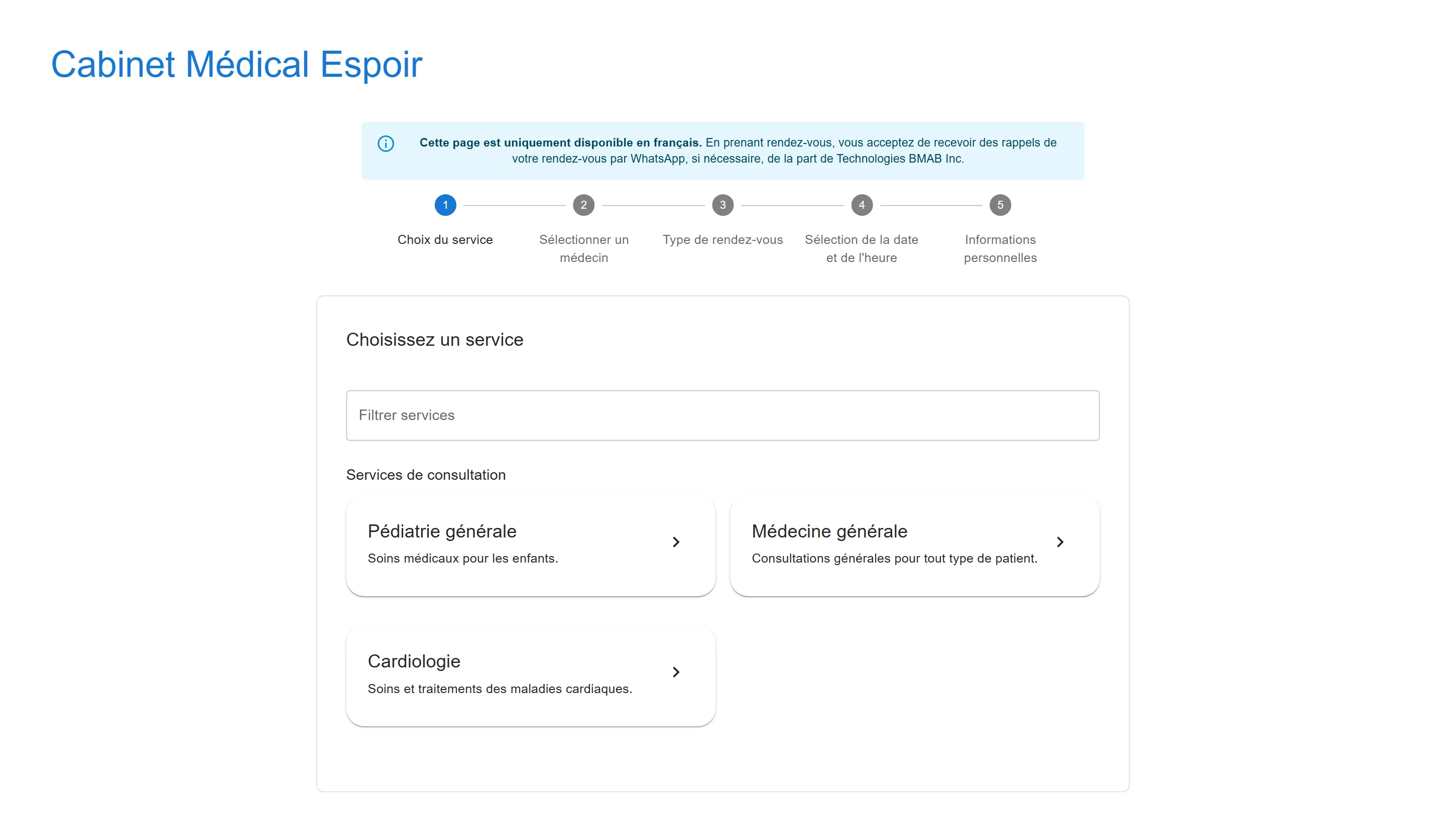 Page de prise de rendez-vous du patient : Choisissez un service, avec Pédiatrie générale, Médecine générale et Cardiologie
