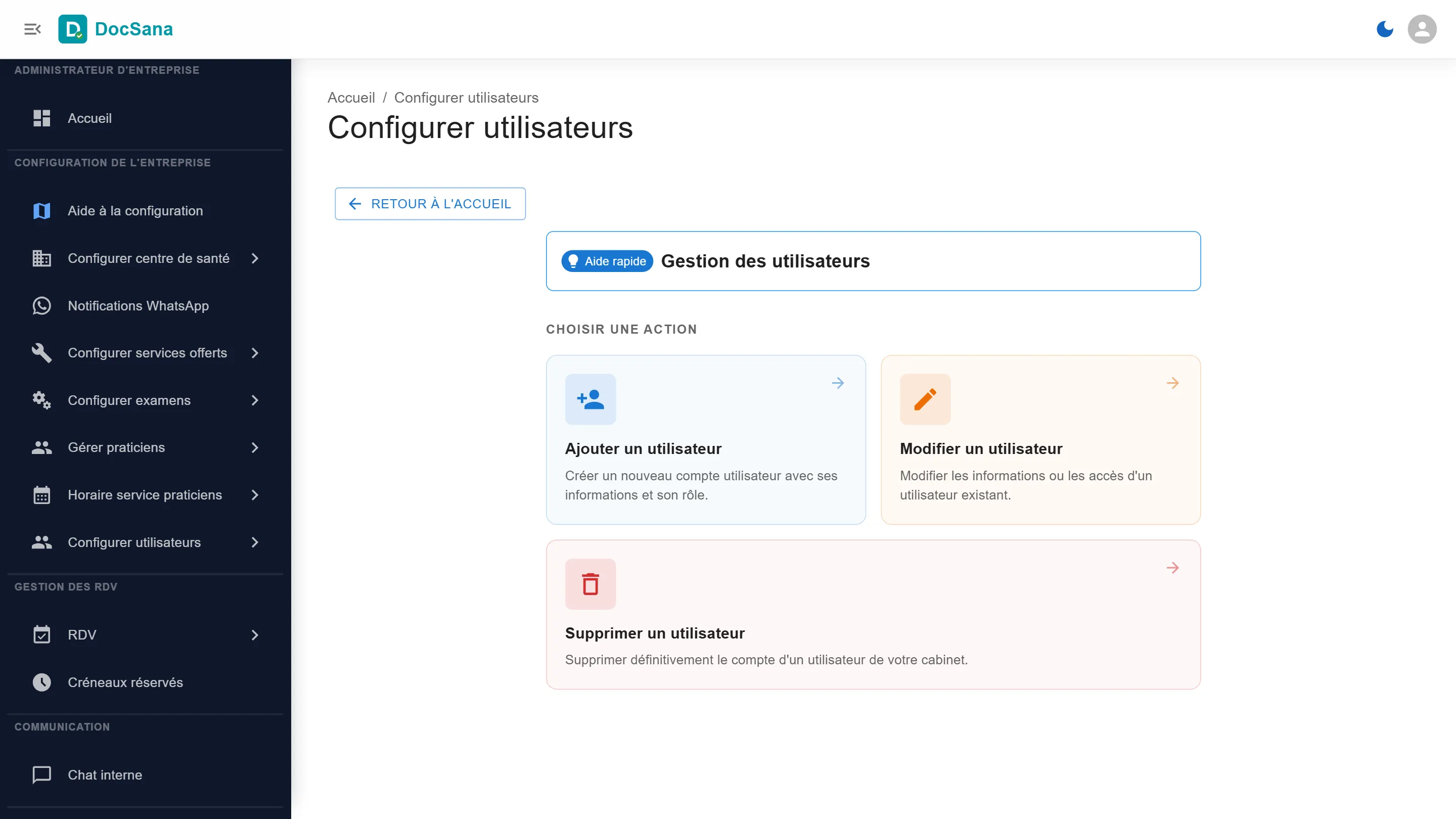 Page Configurer utilisateurs : Ajouter un utilisateur, Modifier un utilisateur et Supprimer un utilisateur