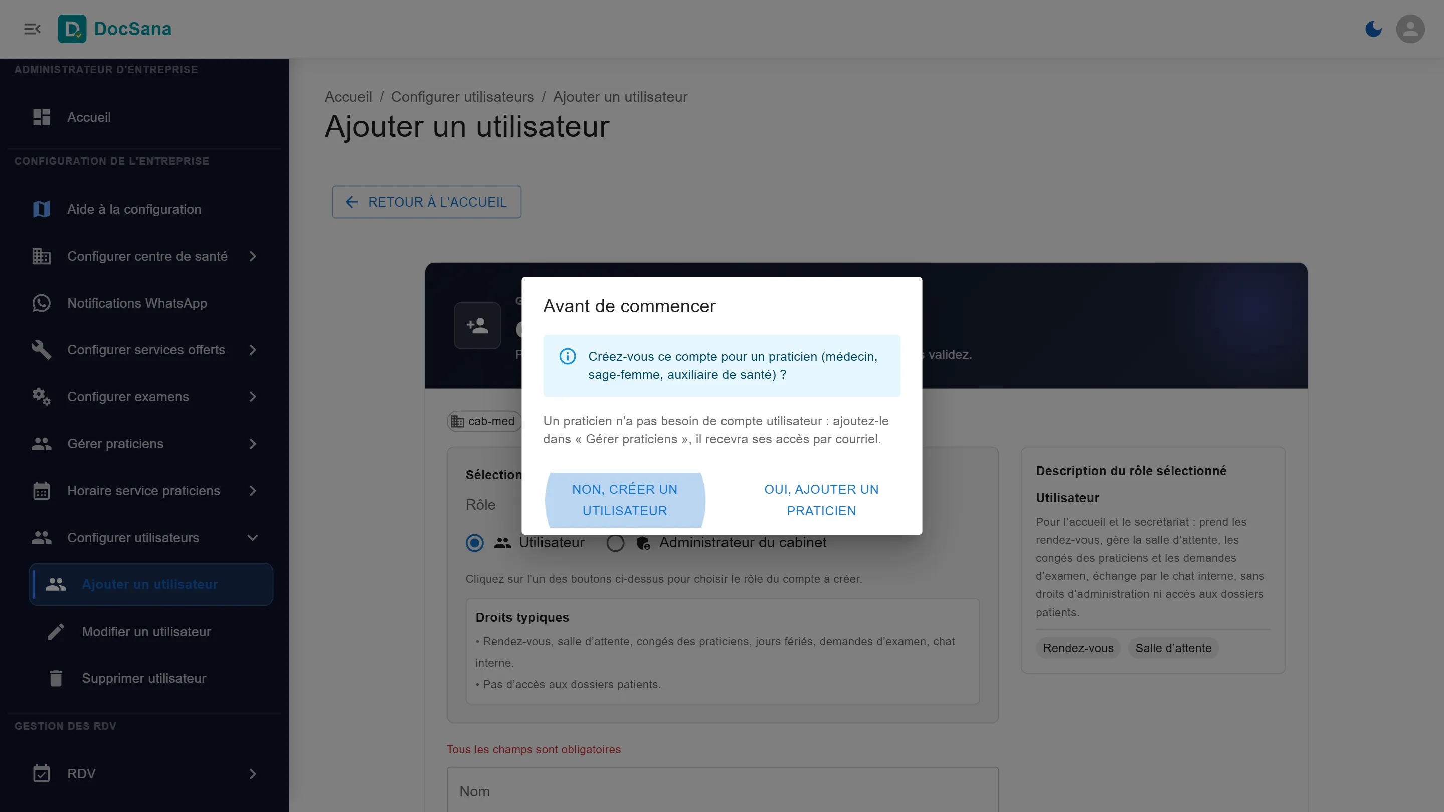 Fenêtre Avant de commencer : Créez-vous ce compte pour un praticien ? avec les boutons Non, créer un utilisateur et Oui, ajouter un praticien