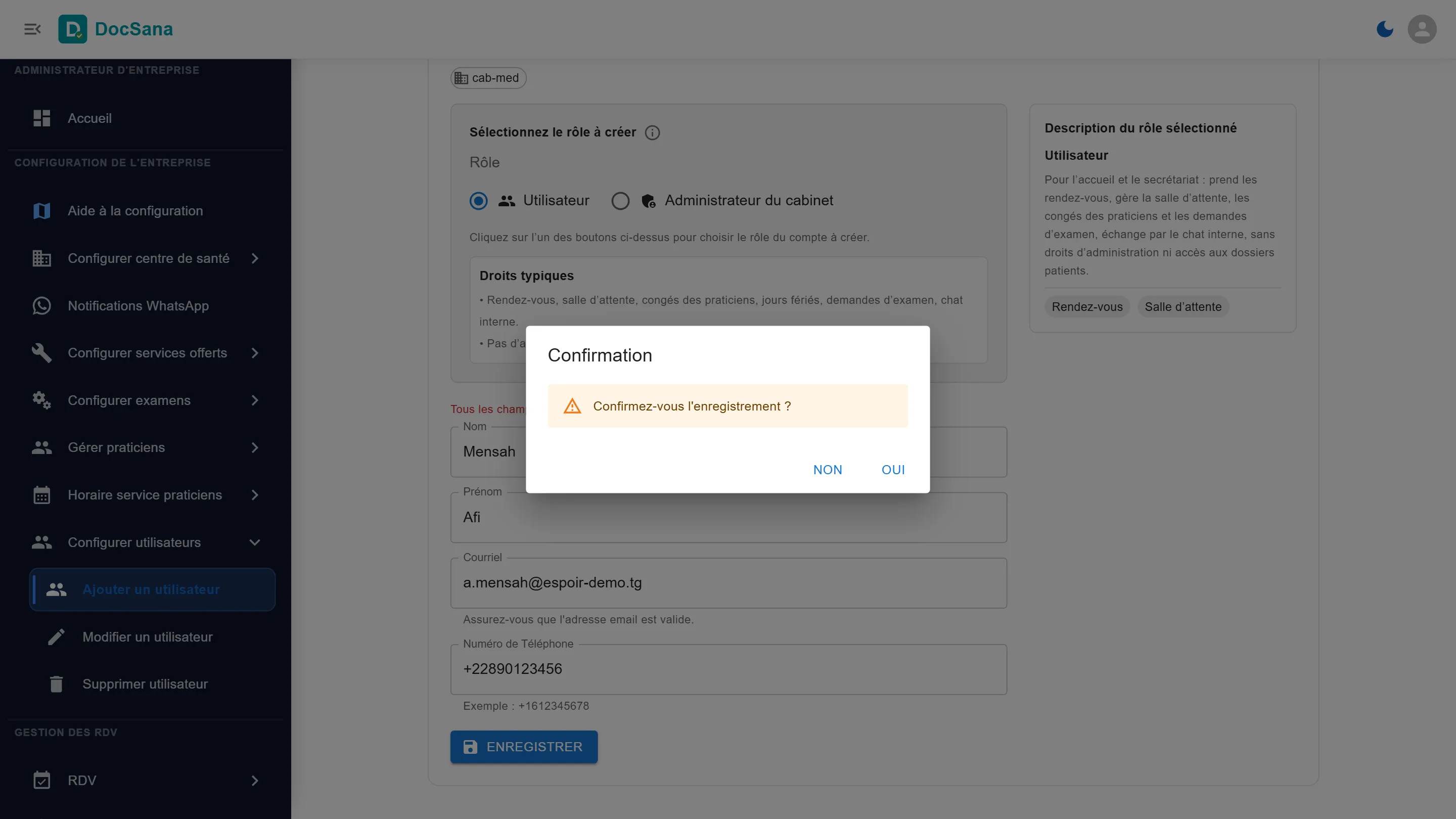 Fenêtre de confirmation : Confirmez-vous l’enregistrement ? avec les boutons Non et Oui