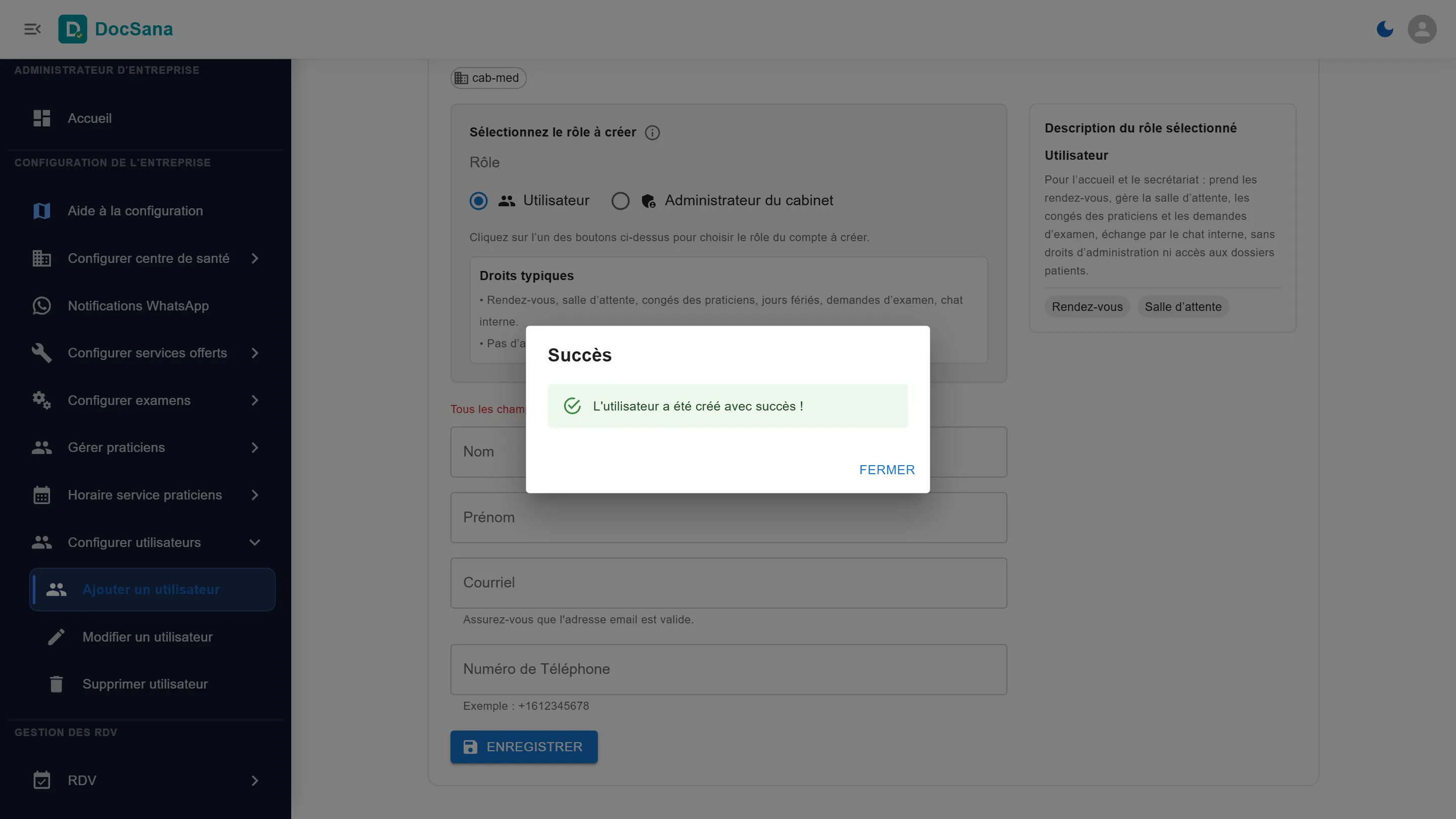 Message de succès : l’utilisateur a été créé