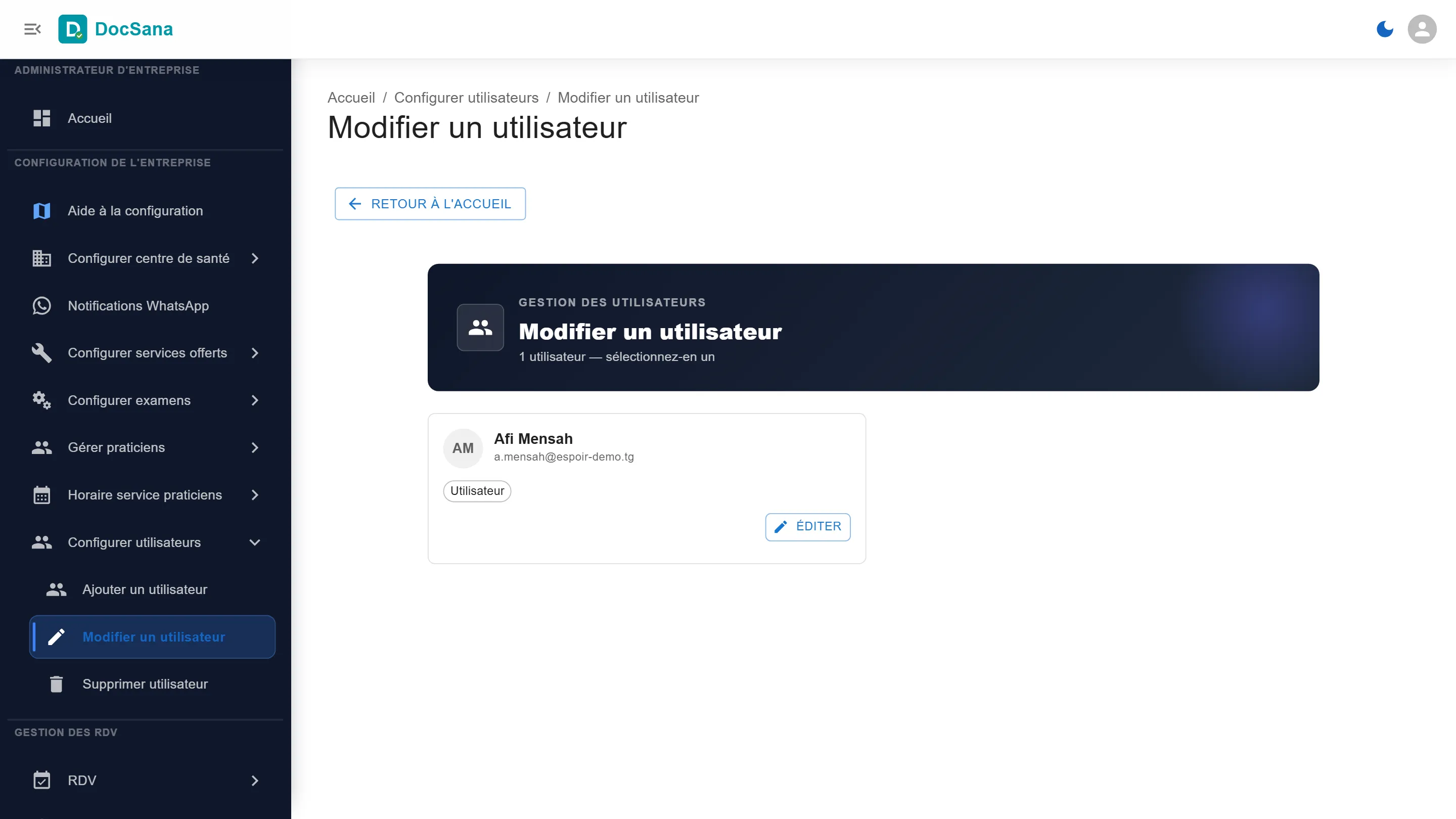 Page Modifier un utilisateur : la fiche d’Afi Mensah, rôle Utilisateur, avec le bouton Éditer