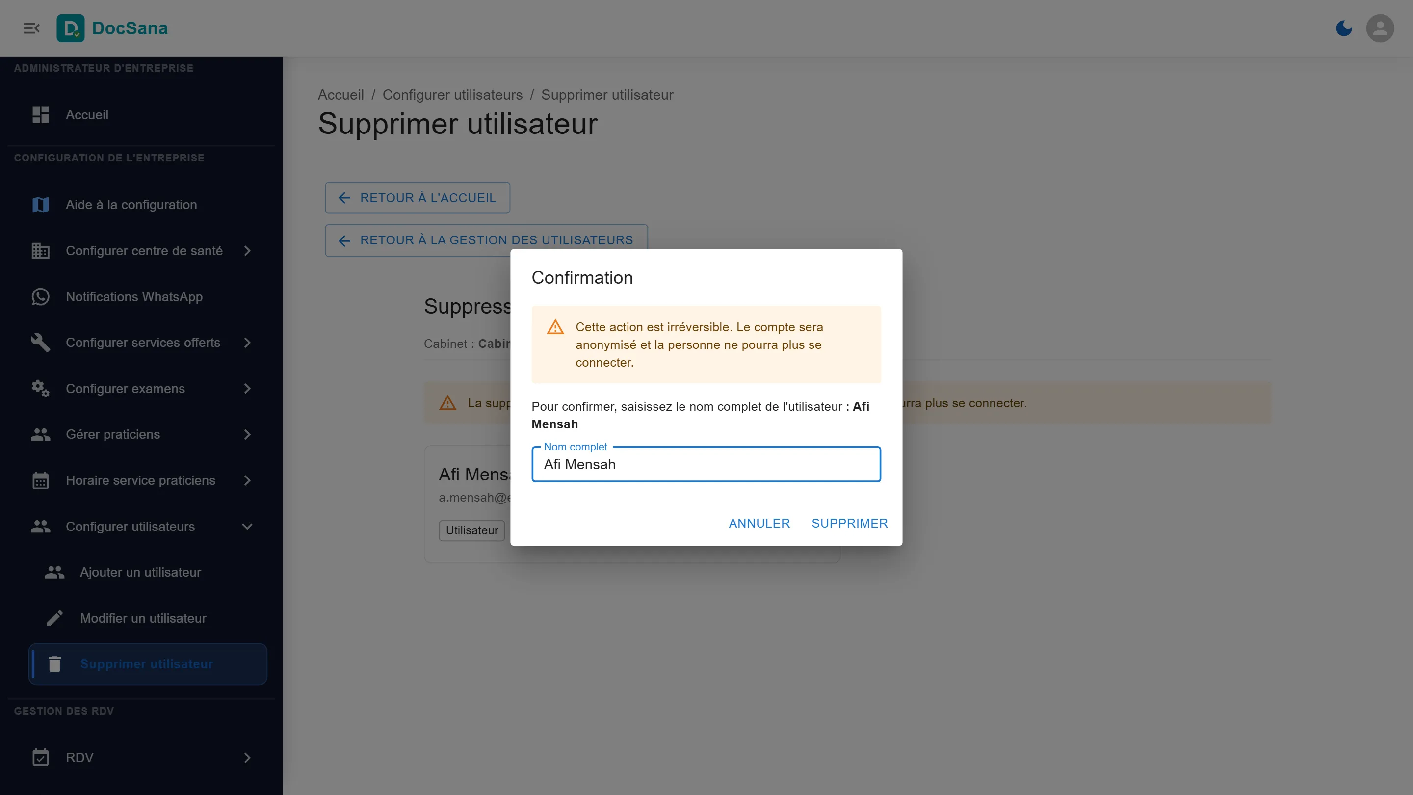 Confirmation de suppression : action irréversible, le compte sera anonymisé ; saisissez le nom complet Afi Mensah pour confirmer, puis Supprimer