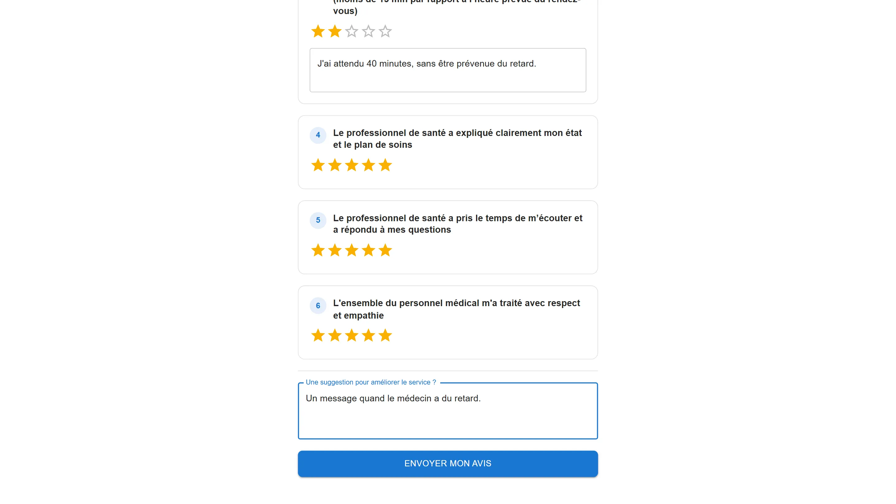 Fin du formulaire : les questions 4 à 6 notées cinq étoiles, la suggestion Un message quand le médecin a du retard, et le bouton Envoyer mon avis